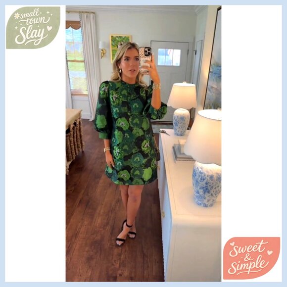 Floral Jacquard Shift Dress Long Puff Sleeve Button Up Cocktail Mini - Picture 6 of 7